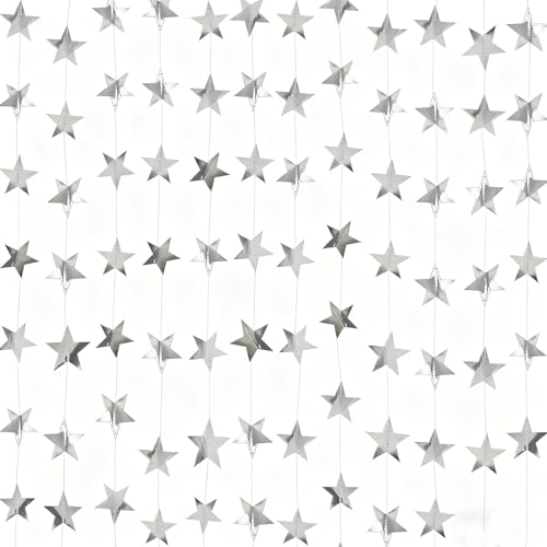 Tourima 3 Stück Girlande Sterne 4m, Papier Sterne zum Aufhängen, Weihnachtsdeko Silber für Christbaumgirlande und Party Deko, glitzernde Girlande Weihnachten Deko Silber, Weihnachtsdeko Zum Aufhängen