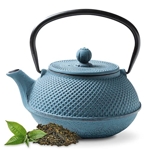 Tealøv TETERA HIERRO FUNDIDO 800 ML | Tetera de Hierro Fundido | Con Infusor de Acero Inoxidable | Interior Totalmente Esmaltado | Durable | Retiene el Calor | Estilo Japonés | Colección: Arare | Azul