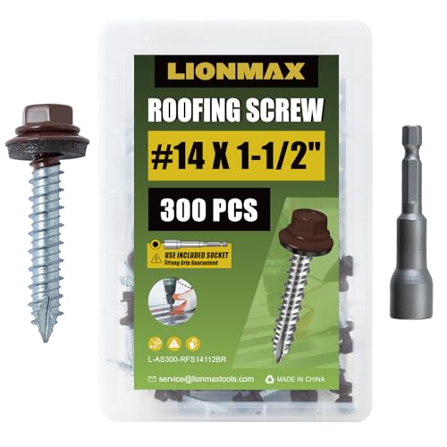LIONMAX Metal Roofing Screws #14 x 1-1/2 Inch, 300PCS, Brown, Rubber Washer
