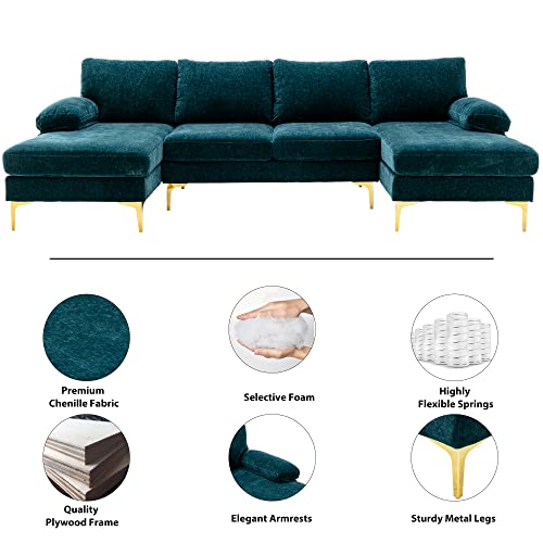 Olela U Shape Sectional Sofa,Modern Large Chenille Fabric Modular Couch,Extra Wide Sofa With Chaise Lounge And Golden Legs For Living Room (Teal) #TOP1