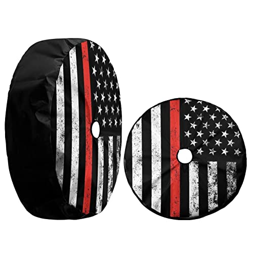 Image of USA Patriotic Firefighter Thin Red Line Flag Spare Tire Cover with Backup Camera Hole Wheel Tire Cover Fit Trailer, RV, SUV and Many Vehicle 15inch