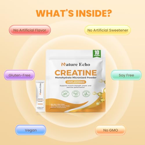 Image of Creatine Monohydrate Micronized Powder 10 Single-Serve Packs 5g | Clean, Unflavored 5000mg Creatine Travel Packs for Men & Women to Muscle Growth, Vegan, Gluten-free, no Sugar