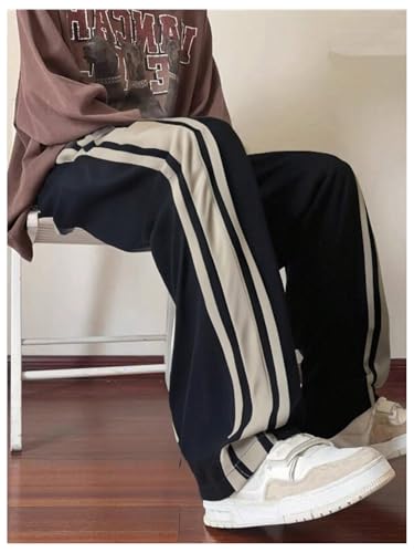 SHENHE Men's Side Striped Track Pants Wide Leg Drawstring Elastic Waist Athletic Casual Pants2