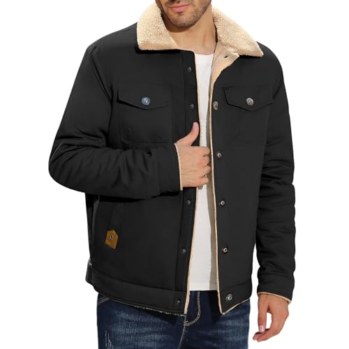 Men's Winter Lapel Cargo Military Trucker Work Cotton Jacket Coat Fleece-Lined Warm Utility Coat for Outdoor Hiking Camping