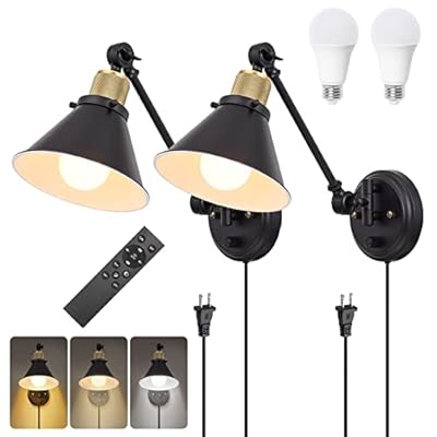 TRLIFE Dimmable Wall Sconce with Remote Control, Plug in Wall Sconces Dimming 10%-100% and Adjustable Color Temperature 2700K-6000K, Swing Arm Wall Lights with Plug in Cord, UL Listed(2 Pack, 2 Bulbs)
