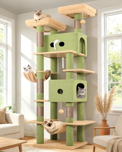 Image of Globlazer Cactus Heavy Duty Cat Tree Tower 80in Tall Extra Large Cat Tree Tower for Multiple Indoor Cats Large Adult with Scratching Posts, 2 Spacious Condos, Padded Perches, Soft Hammock, S80B, Green