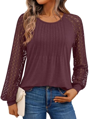 AUTOMET Womens Long Sleeve Shirts Business Casual Dressy Tops Lace Crewneck Work Trendy Fall Fashion Outfits Clothes