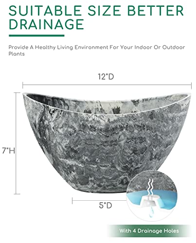 LaDoVita Plant Pots with Drainage Holes, 12 Inch Large Planters for Indoor Plants, Plastic Flower Pots Outdoor, 2 Pack , Marble Pattern Grey