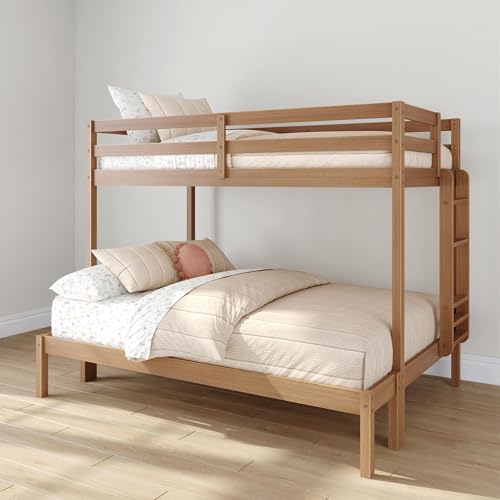 Grain & Grove Bear Twin Over Full Bunk Bed, Sturdy Bunk Bed Frame for Kids, Plywood Bunk with Ladder, Guardrail, and Slats, No Box Spring Required, Oak Embossed Pecan