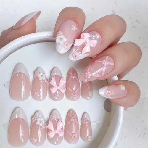 Coquette Bow Press-On Nails, 24pcs Blush Pink French Tip Almond F...