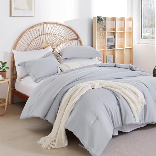 Image of weigelia Queen Comforter Set 7 Pieces Queen Size Comforter Set Light Grey Comforter Queen Size Soft Comforter with Fitted Sheets, Flat Sheets, Pillow Shams, and Pillowcases