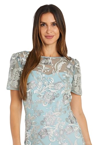 Image of Elegant Embroidered Mesh Midi-Length Dress W /Flounce Hem & Short Sleeves