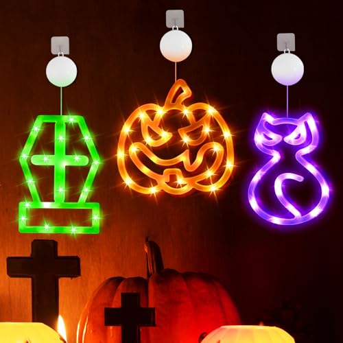 Smilfree Halloween Deko Fenster, 3 LED Fensterlichter Sarg Kürbis Katze – Ansicht 1