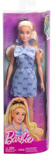 Image of Barbie Fashionistas Doll #237 with Wavy Blonde Ponytail Wearing Blue Bow Halter Dress, Black Hair Bow Accessory and Matching Blue Heels | Blue Bow Halter Dress, Black Hair Bow Accessory, Matching Blue Heels