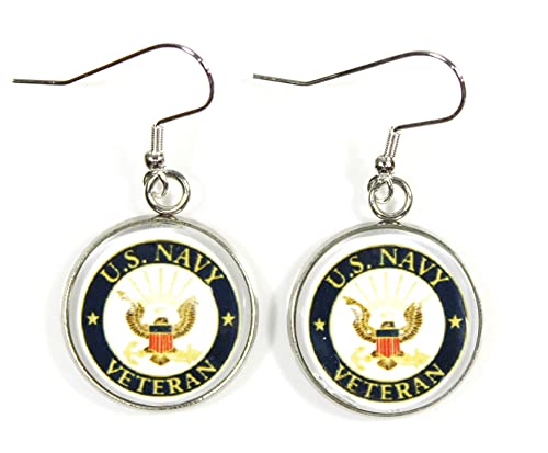 'Thank You for Your Service', More Armed Services Cabochon Dangle Earrings with Military Emblem (Navy Veteran)