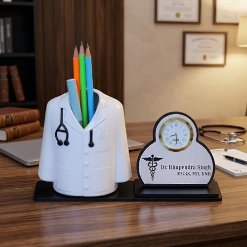 Image of Premium Apron /Coat Shape Pencil Holder for Clinic and Office Desk with clock | personalized gift for doctor Pen Stand | The best gift for doctors female, male & Medical Aspirants