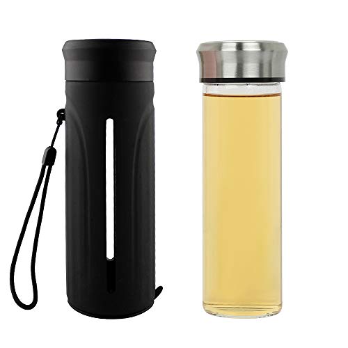 Coolnice Wasserflasche aus Glas mit Silikonhülle, Borosilikatglas, BPA-frei, mit Saugnapf an der Unterseite und auslaufsicherem Edelstahldeckel, 330 ml, für Heimbüro