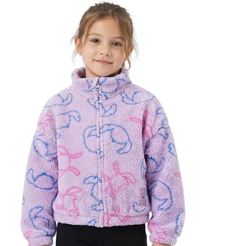 Disney Lilo & Stitch Girls Sherpa Fleece Jacket – Zip-Up Mock Neck Kids Outerwear, Official Licensed (Sizes 4–10)