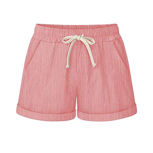 Yknktstc Dames plus size elastische taille katoen linnen casual strandshorts met zakken, PINK, M