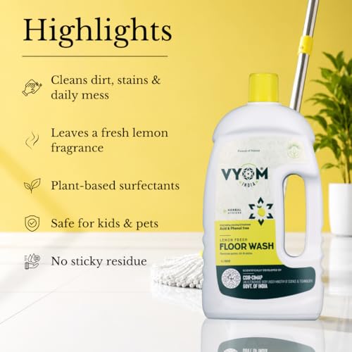 Image of Vyom India Floor Cleaning Liquid - 1L | Safe for Infants, Kid & Pet | Plant-Based, Eco-Friendly Natural Disinfectant - Lemongrass & Cedarwood, Phenyl & Acid Free | Ideal For Floor, Tile, Marbles