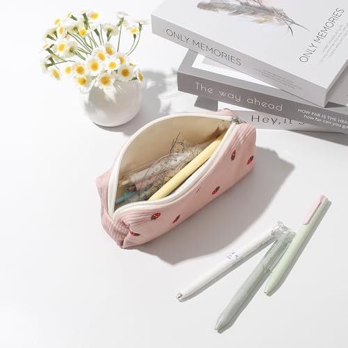 Image of Pencil Case Lightweight Aesthetic Pen Case Office College School Storage Bag Pouch Holder Box Organizer Makeup Pouch Cosmetic Bag for Girls Boys Kids (Flowers-Pink strawberry)