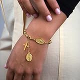 AVANCY Pulsera Virgen Milagrosa Acero 316 L. Chapado Oro 18 kilates. Cadena...