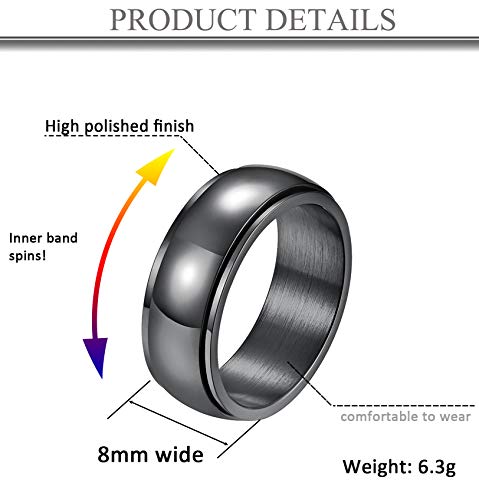 ALEXTINA 8mm Stainless Steel Spinner Ring Dome Shape High Polished Finish Anxiety Ring Calm Stress Relieving, Black Size 9