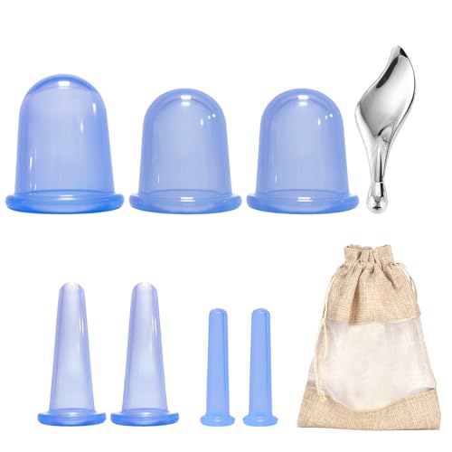 Schröpfgläser Silikon und Gua Sha,7-teiliges Schröpfen-Kit mit Aufbewahrungsbeutel,verschiedenen Größen Cupping Set,Gua Sha Stein für Augen,Schröpfenmassage im Gesicht, Augen, Körper
