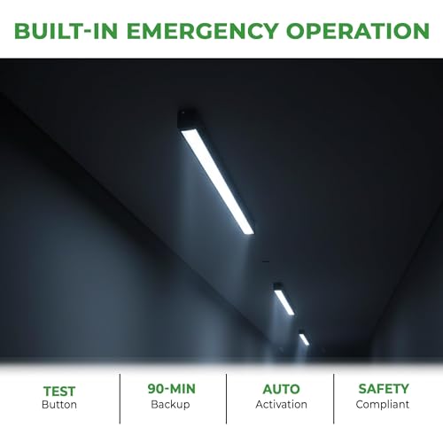 Image of E2 LIGHTING 4 FT Black Linear Strip Light with Emergency Battery Backup | 5CCT and 5 Wattage 100-277V Linkable LED Shop Light | Commercial Ceiling Light Fixture