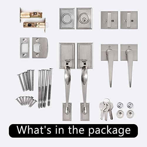 Neutype Double Door Lock Set Double Door Handle Set Front Door Handle Sets,Entrance Handle Set With Dummy,With Single Cylinder Deadbolt And Lever Handle, Satin Nickel #TOP6
