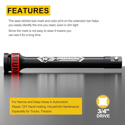 Image of 3 /4 inch Drive Impact Extension Bar, 10 Inch Length Socket Extension, CR-V Steel, Narrow and Deep Areas in Household Haintenance, Trucks Tractors Repair or Industrial Operations