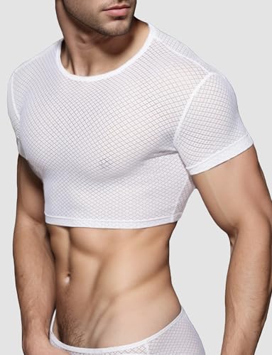 Men's Mesh Crop Top See Through Crop Top See Through Round Neck T Shirt Sexy Shiny Metallic Half Muscle Tee3