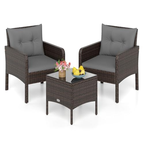 Image of Tangkula 3 Pieces Patio PE Wicker Furniture Set, Outdoor Bistro Conversation Set with Cushions and Tempered Glass Coffee Table, Outside Rattan Table and Chairs for Porch (Gray)