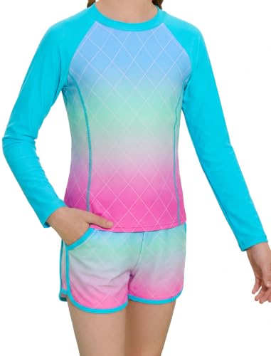Image of Alakuoti Girls Rash Guard Swimsuit Two Piece Bathing Suit UPF 50+ Sun Protection Long Sleeve Swimwear 6-14 Years