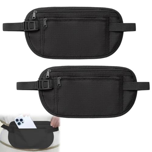 CATZUM 2 Marsupi Nascosti Antifurto con Blocco RFID, Cinture Portasoldi Piatte e Impermeabili, Vita Regolabile per Viaggi, Festival e Uso Quotidiano – Set da 2, Nero