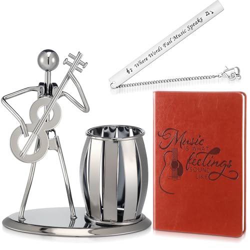 Feifeiya 3pcs Guitar Gift Set Gray Metal Desk Pen Holder Cup with Rocker Guitar Design Music Bookmark Music Themed Notebook Birthday Gift for Musics Lover Mother Christmas Singer Holiday Accessories