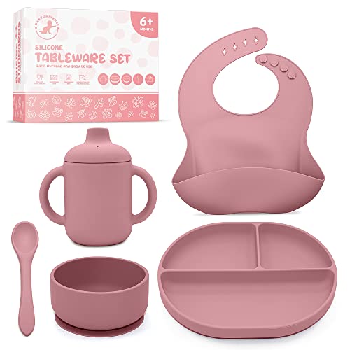 Image of Silicone Baby Feeding Set - Food-Grade Baby Led Weaning Supplies For Toddlers - Includes Non-BPA Suction Plate with Divider, Suction Bowl, Pocket Bib, Spoon & Sippy Cup For Weaning - Pink