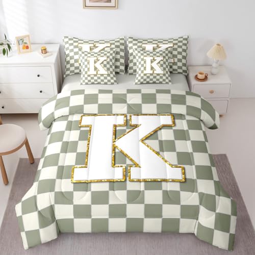 Image of Erosebridal Sage Green Checkered Full Comforter Set with Sheets 7 Piece Plaid Initial K Bed in A Bag Personalized Monogram Bedding Sets for Kids Adults,Fashion Grids Gingham Bed Set