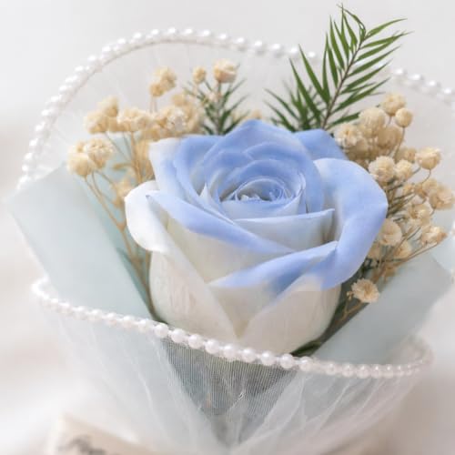 Image of Mini Artificial Rose Bouquet for Gifting, Preserved Flower with Pearl Wrap & inchJust for You inch Ribbon, Small Gift Valentine, Anniversary, for Mom, Proposal, Home Decor (Blue)