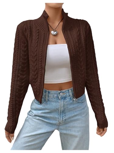 Image of MakeMeChic Women's Cropped Cable Knit Sweater Zip Cardigan Fall Clothes