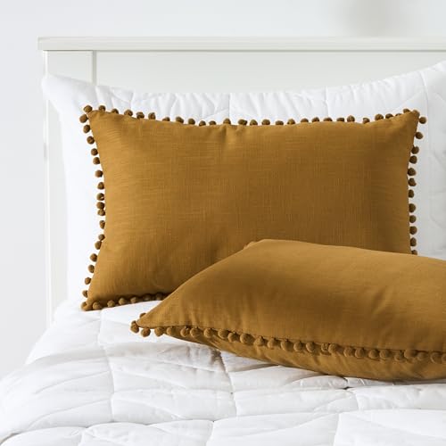 Image of 100% Cotton Pom Pom Cushion Without Filler, Elegant & Modern Cushion Cover for Living Room, Rectangle, 12 inchx20 inch, uni slub, Set of 5 - Bronze