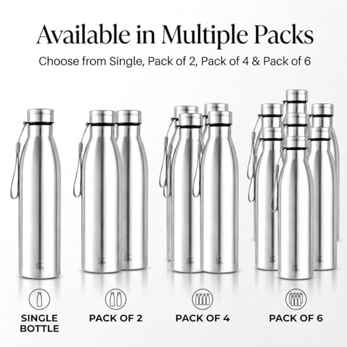 Image of Omichef Stainless Steel 1000ML Single Walled & Fridge Water Bottle Ideal For Yoga /Gym /Sports /Home /Office And BPA Free & Leak-Proof (Pack of 4)