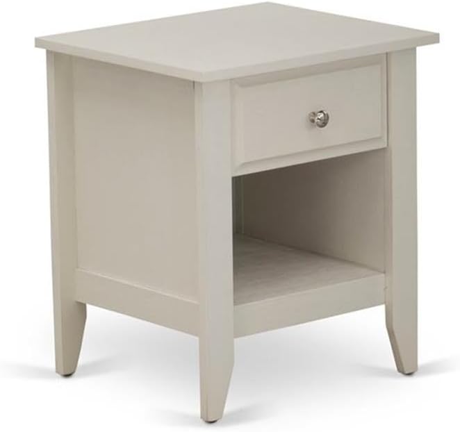 East West Furniture NL19K-2GA0C 3 Piece Modern Bedroom Set - King size Button Tufted Bed - Linen white Velvet Fabric Upholstered Headboard and a Wire Brushed Butter Cream Finish Nightstand