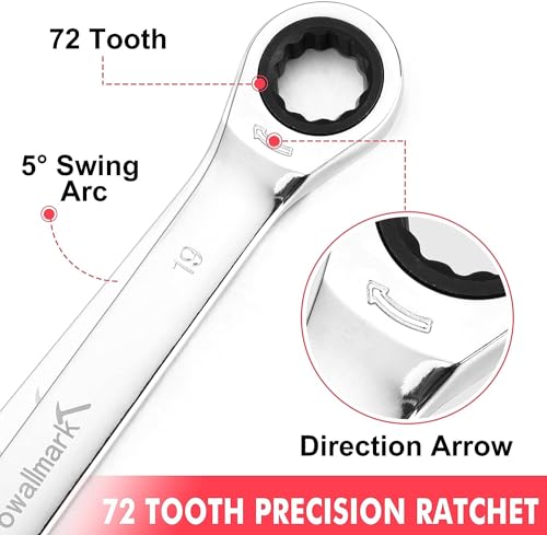 Towallmark Conjunto de chaves de combinação de catraca de 20 peças, cabeça fixa e 72 dentes, SAE 6-1