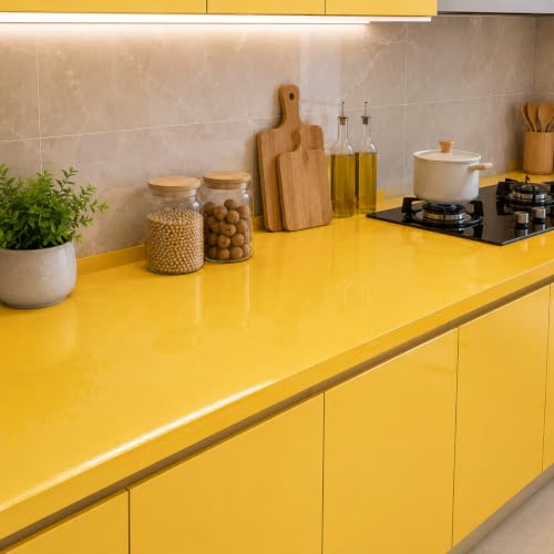 Image of Vinyl Contact Paper Decorative for Cabinets Countertops Kitchen Shelves Liner Self Adhesive Film Peel and Stick Waterproof Removable Wallpaper (Inches 24 x 50, Glossy Yellow)