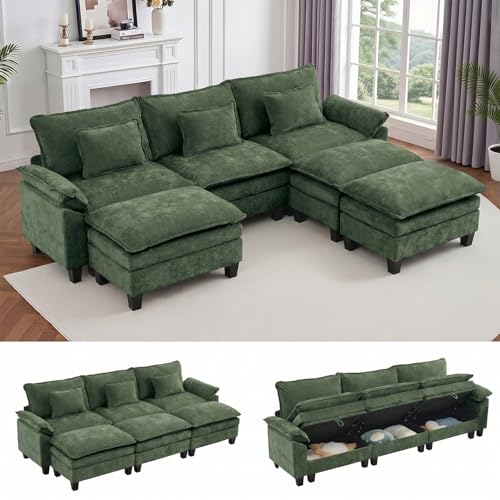 Image of IPKIG 117 inch Modular Cloud Couch with Storage, C Shaped Sectional Sofa | 3 Seater Green Chenille Deep Seat Sectional Couches with Ottoman and Pillow for Living Room, Apartment