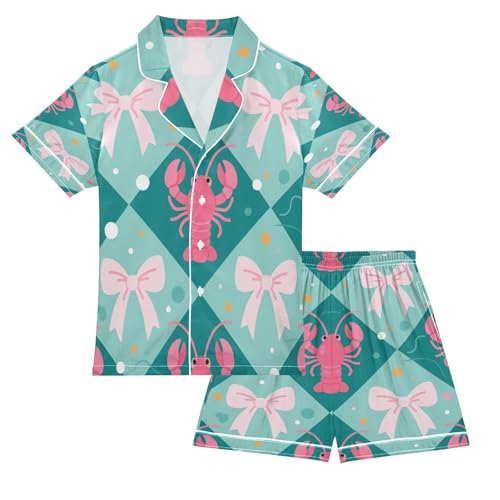 Satin Pajama Sets Short Sleeve Lobster Bow Tie Polka Dot Button Down Silky Nightwear 2 Piece PJS 5-14Y