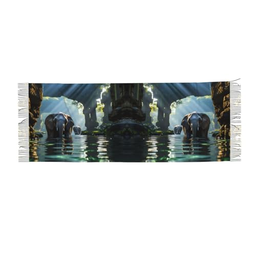 JZQZH Fringed Scarf for Women, 77 * 27 In Soft Foldable Shawl with Asian elephant in the water Print Design for Autumn Winter Warmth