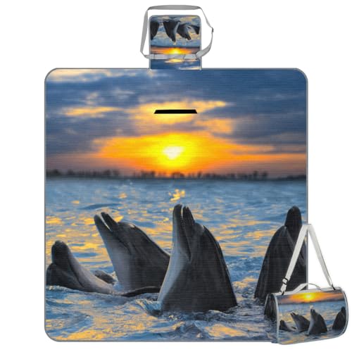 Shimoshe Picnic Blankets 57”x 59”, Ocean Animal Dolphin Waterproof Sandproof Picnic Mat Lightweight Foldable Beach Blanket for Camping Park Grass Beach Outdoor Blanket