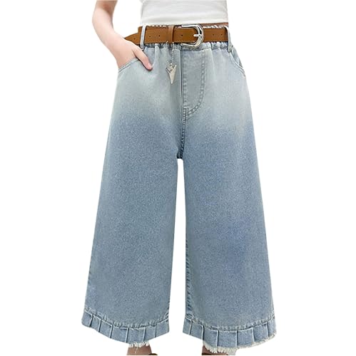 Baggy Jeans for Kids Ruffled Wide Leg Straight Adjustable High Waisted, Casual School Streetwear Denim Pants for Girls